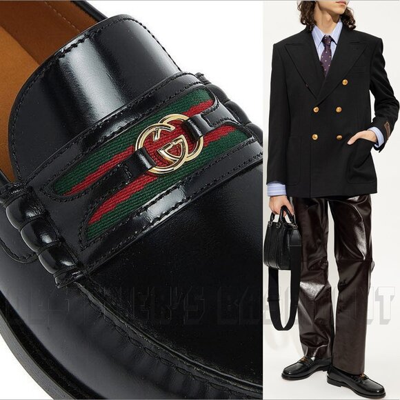 Gucci 13 black KAVEH polished Leather DOUBLE G WEB detail Loafer Shoes NIB - Picture 6 of 13